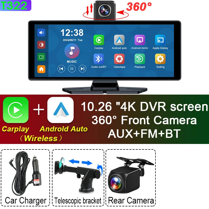 10/11.26 inch 4K Dash Cam Wireless Carplay & Android Auto Car Dvr 360 ° Rotation Dual Lens Video Recorder Dashboard Truck Camera