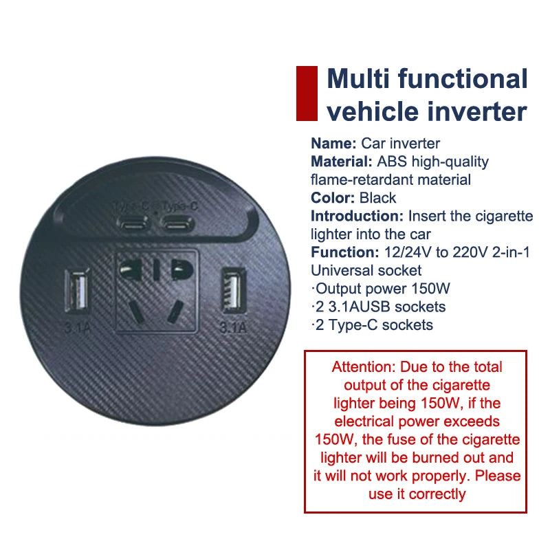 12V/24V to 220V Car Inverter - 150W Quick Charger with USB-C, Fast-Charging Automotive Adapter
