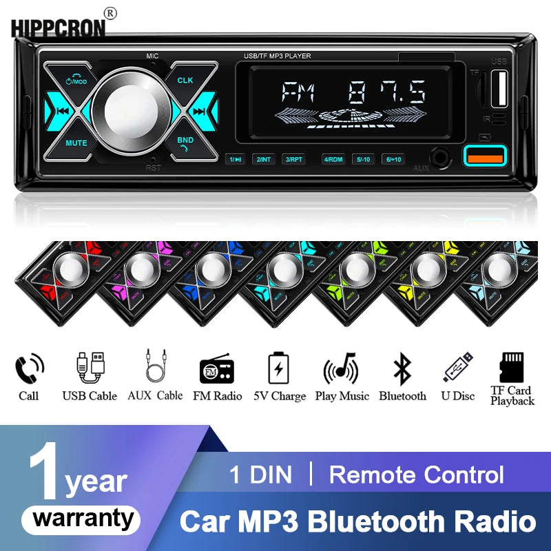 Car Audio 1 din Radio Stereo Receiver Digital Bluetooth MP3 Player Colorful With Dual USB AUX Inputs Auto Multimedia Automotive