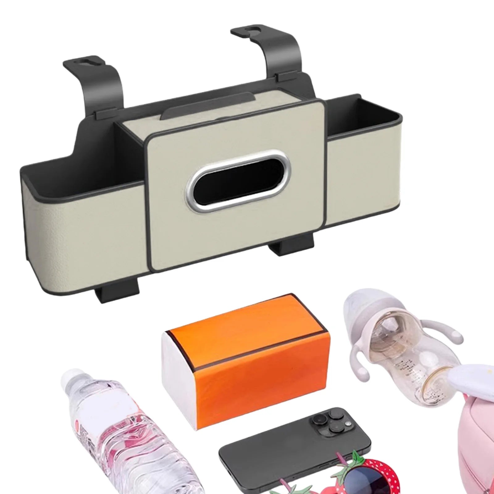 Car Back Seat Organizer with Cup Holder Tissue Box and Hooks Vehicle Seat Back Hanging Storage Box Automotive Travel Accessories
