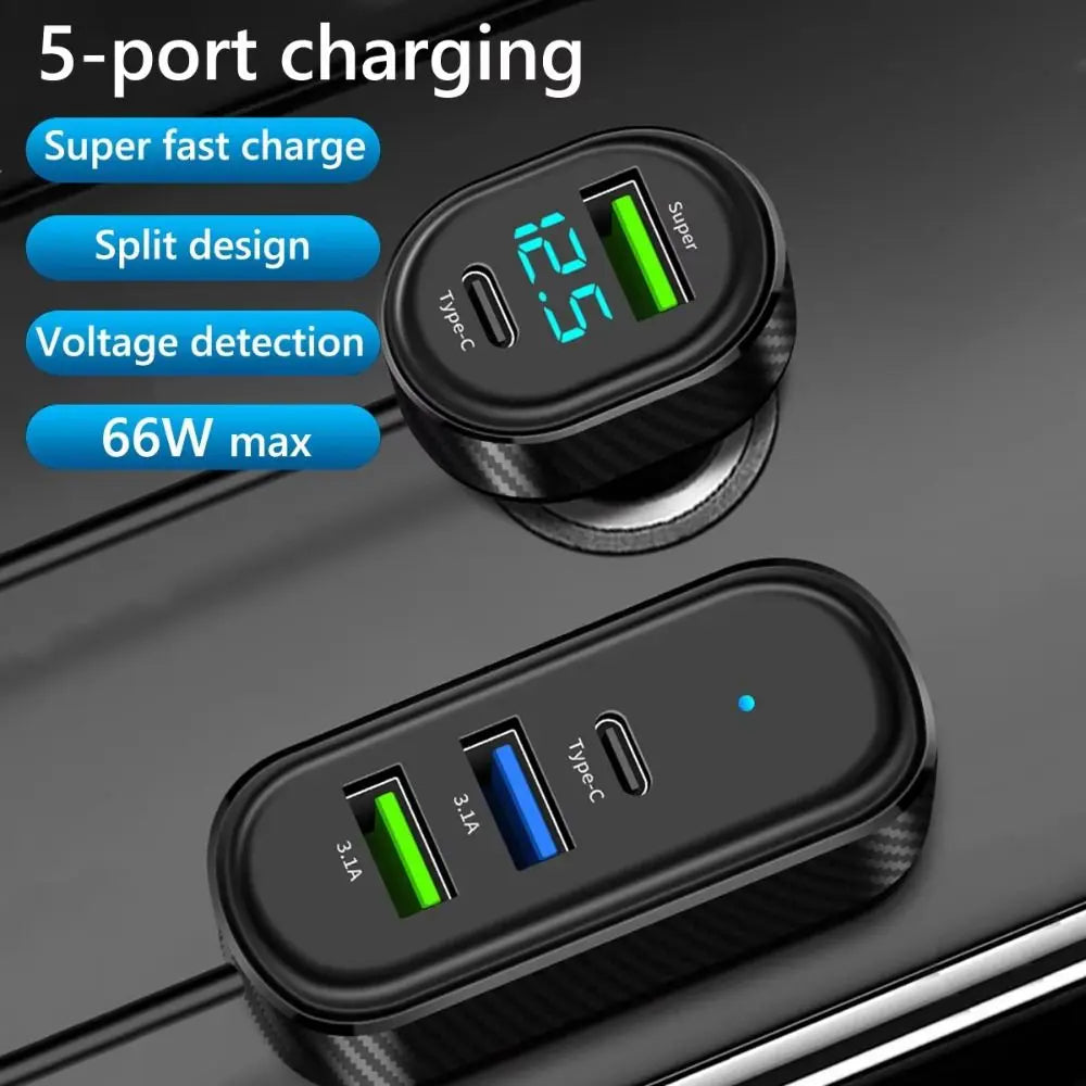 Portable 5 in 1 Car Phone Charger 66W Multi Port Car USB Charger with 1.5M Extension Cable Fast Charging Auto Power Adapter