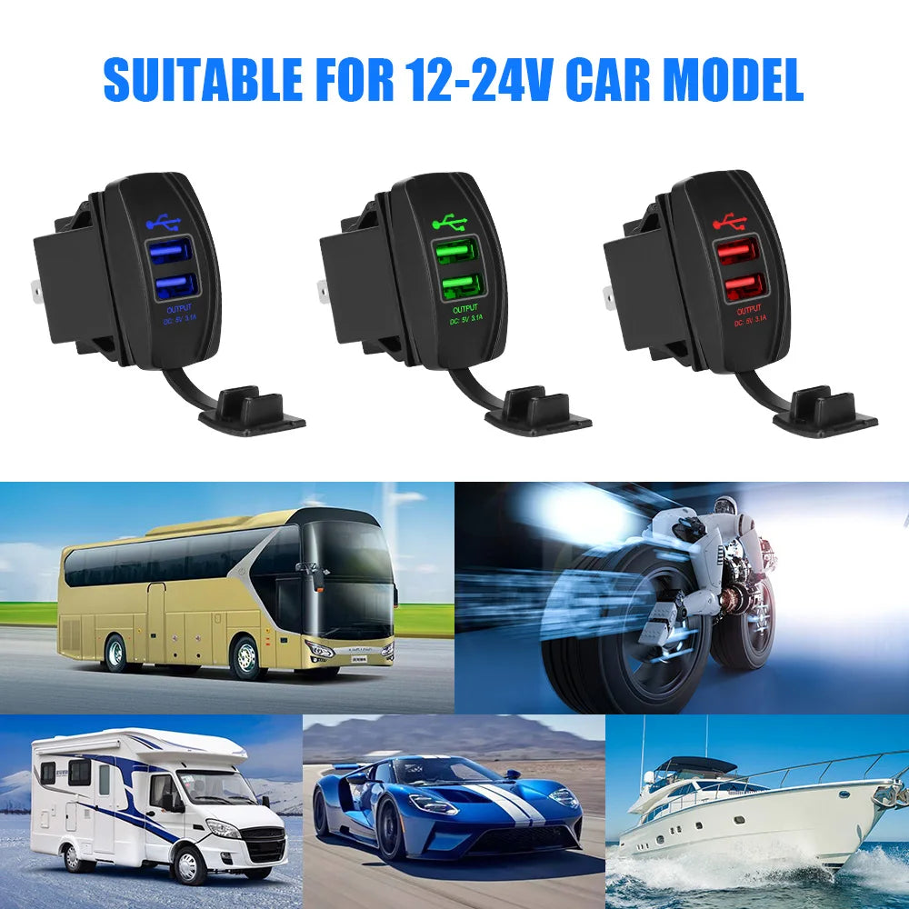 Car Charger 5V 3.1A LED Dustproof Phone Charger Waterproof Auto Adapter Dual USB Ports for Car RV Camper Caravans