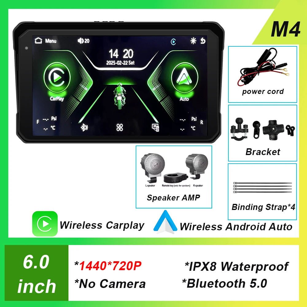 6 inch Screen For Car Motorcycle Waterproof  IPX8 Monitor Dash Cam GPS Navigation Wireless Carplay Android Auto With TPMS DVR