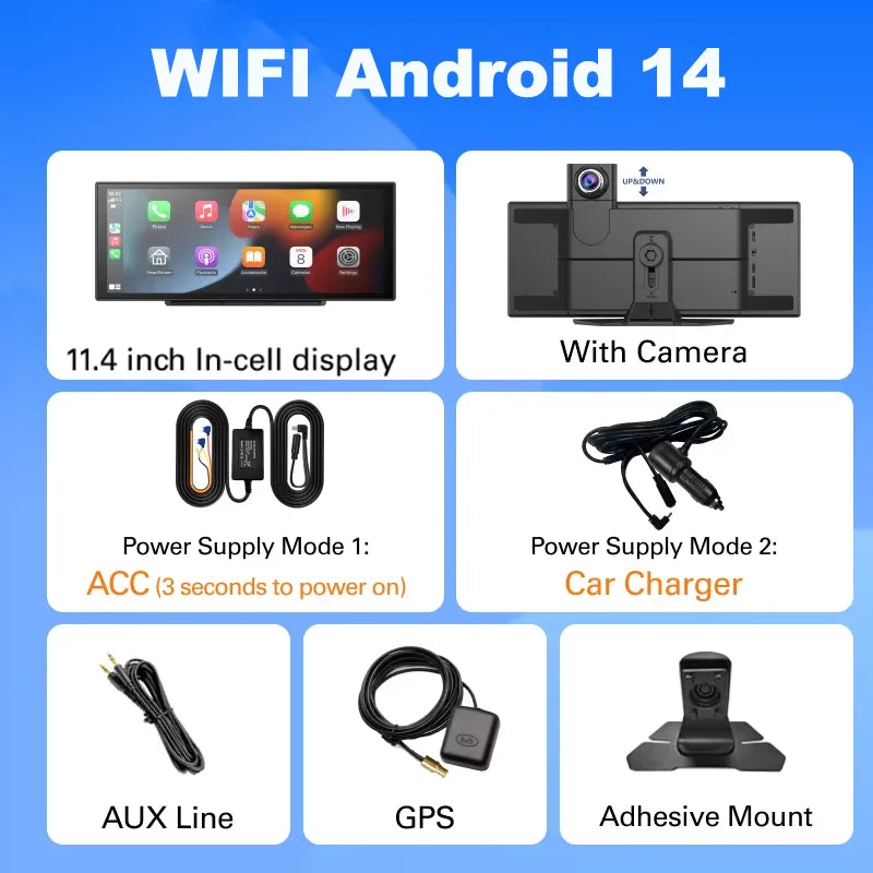 11.4inch 4G Android 14 8+128G Dashcam 8 Core Wireless CarPlay & Android Auto Split Screen Remote Monitoring Car DVR