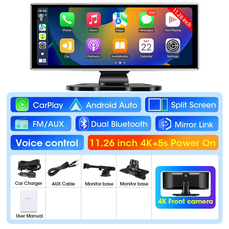 11.26 inch Dash Cam Car Monitor 4K Camera Wireless Carplay & Android Auto GPS Navigation Bluetooth5.0 Dashboard Car DVR FM  AUX