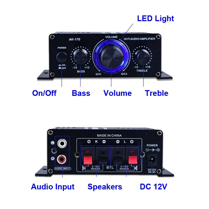 AK170 Mini Digital Power Audio Car Amplifier Blue Light Stereo Audio Amplifier for Home Theater Club Party Music 200Wx2 Power