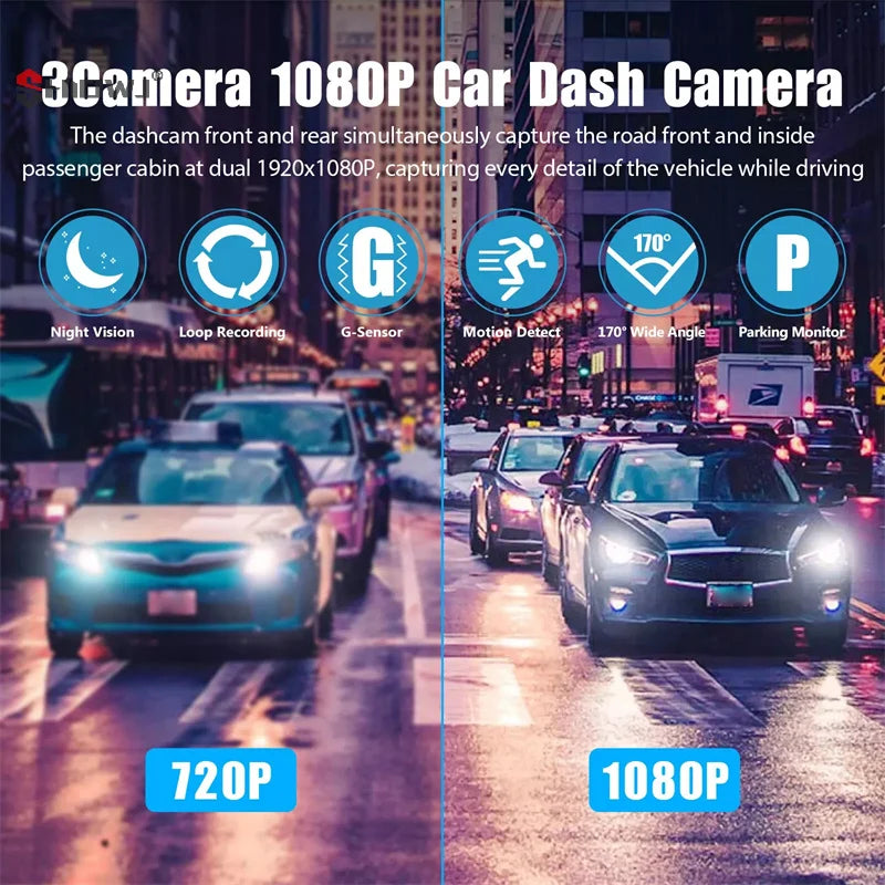 3 Channel Car DVR HD 1080P 3-Lens Inside Vehicle Dash CamThree Way Camera DVRs Recorder Video Registrator Dashcam Camcorder