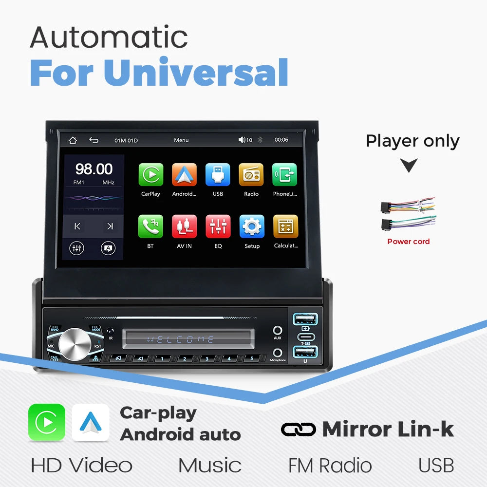 7 Inch Automatic Retractable Touch Screen Wireless Carplay Android Auto Universal 1 Din Car MP5 Player FM Radio BT Mirror Lin-k