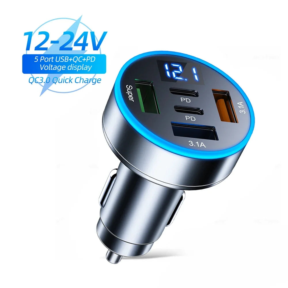 250W Fast Charger 3 Ports USB 2 Ports PD Car Charging Mobile Phone Type-C Adapter Quick Charger in Car for iPhone Xiaomi