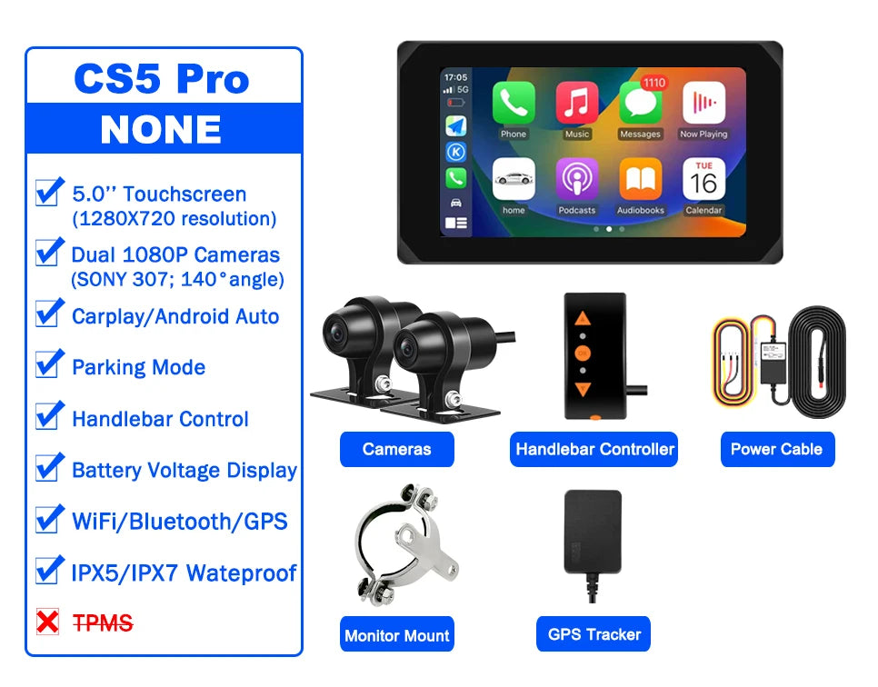 VSYS Carplay Android Auto Motorcycle Dash Cam 5.0'' Touchscreen with Dual 1080P Waterproof Cameras TPMS Parking Mode WiFi App