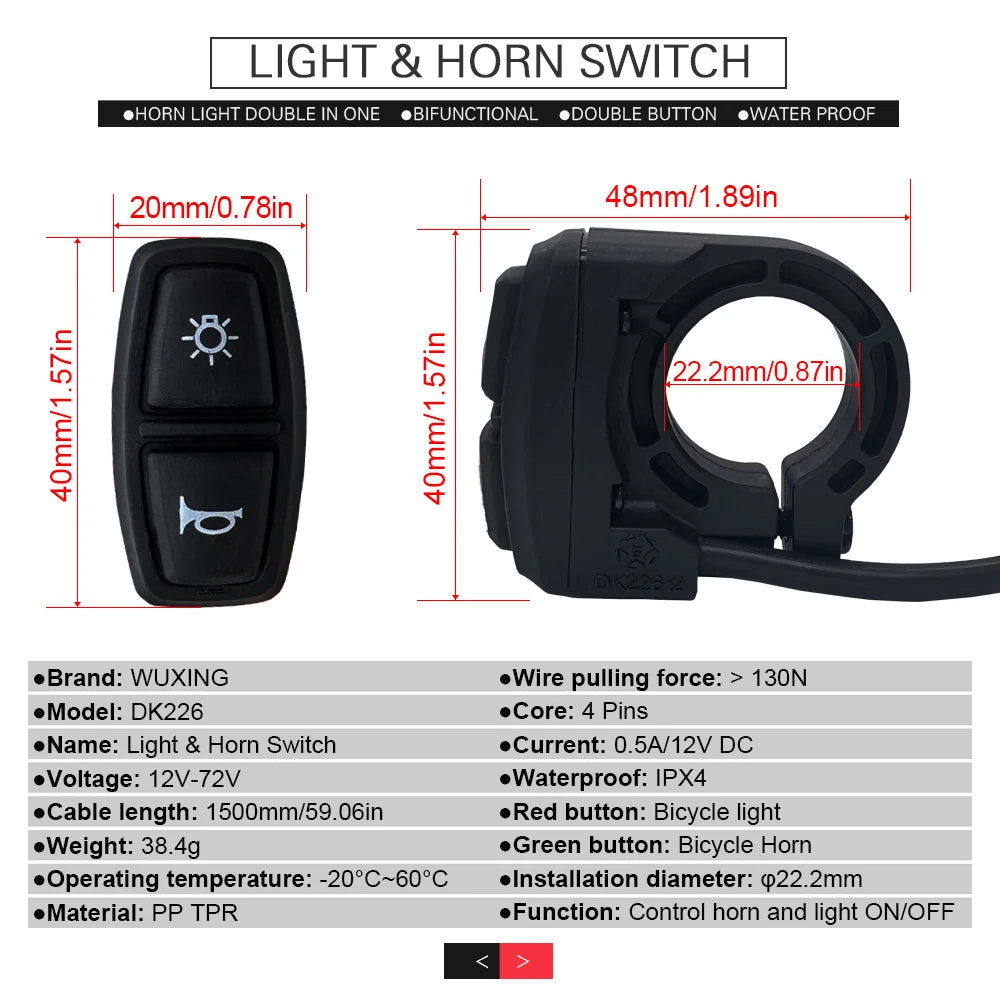 Interruptor de luz y bocina para bicicleta eléctrica, faro delantero, bicicleta eléctrica, scooter, luces delanteras, traseras, luces de advertencia, piezas, accesorios, 12 V-72 V