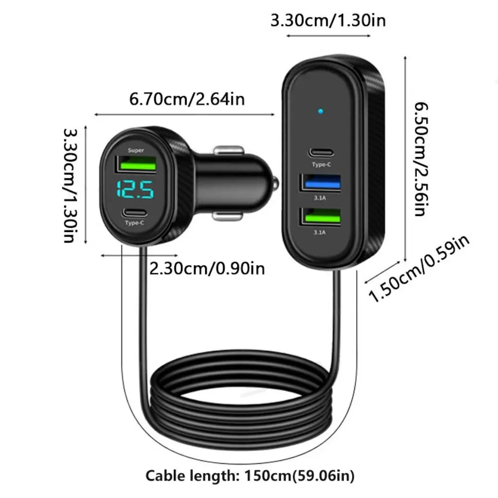 Portable 5 in 1 Car Phone Charger 66W Multi Port Car USB Charger with 1.5M Extension Cable Fast Charging Auto Power Adapter