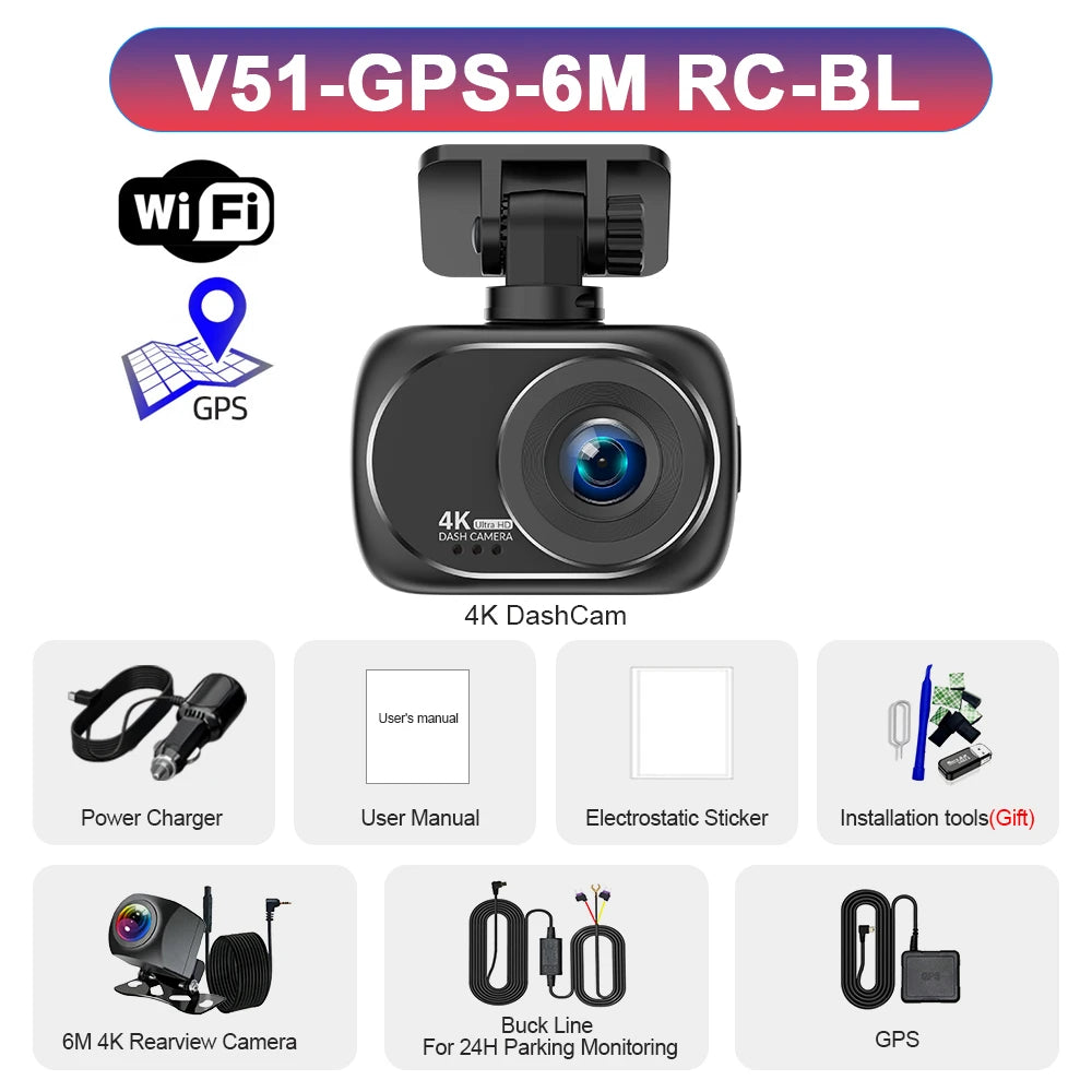 Dash Cam 4K UHD Recording Car Camera DVR Night Vision Video Recorder GPS Wi-Fi Support Dual Lens 4K Rear View Camera