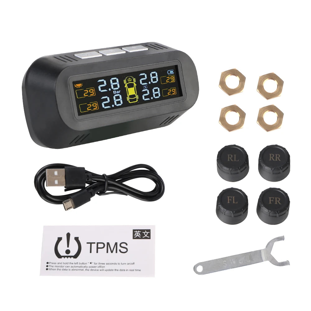 Digital LCD Display Auto Security Alarm Systems Solar/USB Powered Car TPMS Tire Pressure Monitoring System