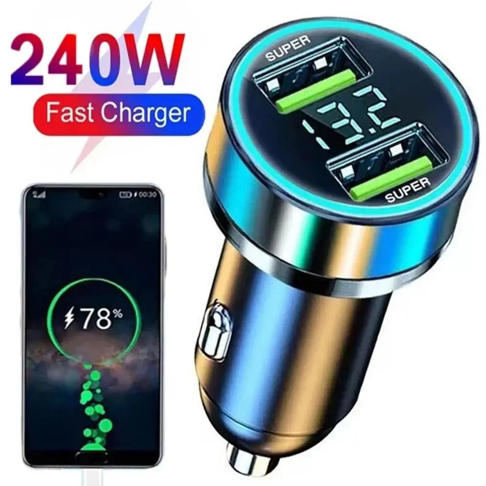 Dual USB Ports Car Phone Charger 240W Fast Charging Type C Adapter in Car 12-24v Mini For Mobile Phone Car Charger