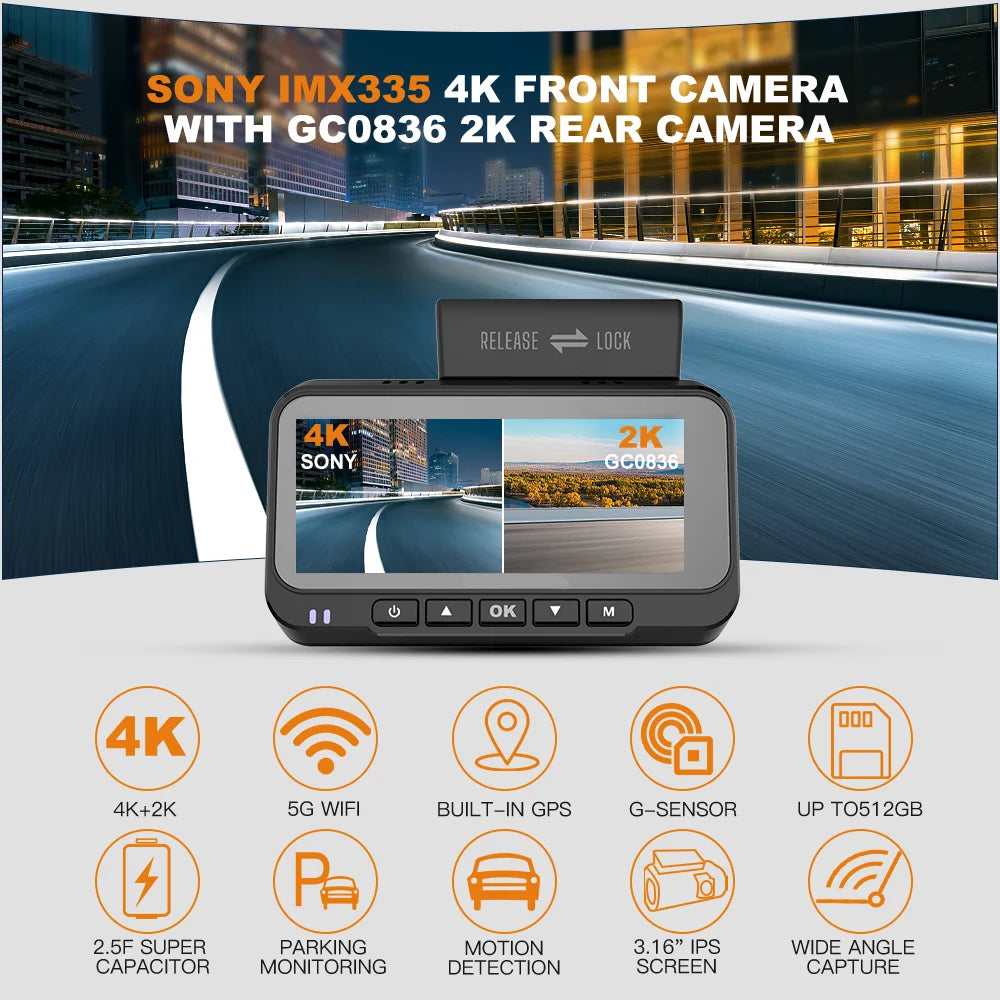 BEPOCAM Dash Cam 4K HD Front Dashcam Smart Car DVR Built-In GPS 5G WiFi Dash Camera Video Recorder 24H Parking  Include Rear Cam