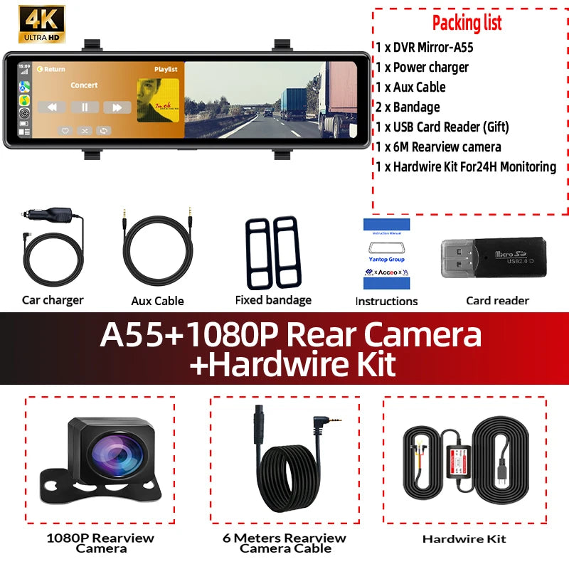 4K Dash Cam Car DVR with 5G WiFi BT FM AUX GPS Optional 1080P Rear View Camera Car Camera Recorder for Android Carplay Driving