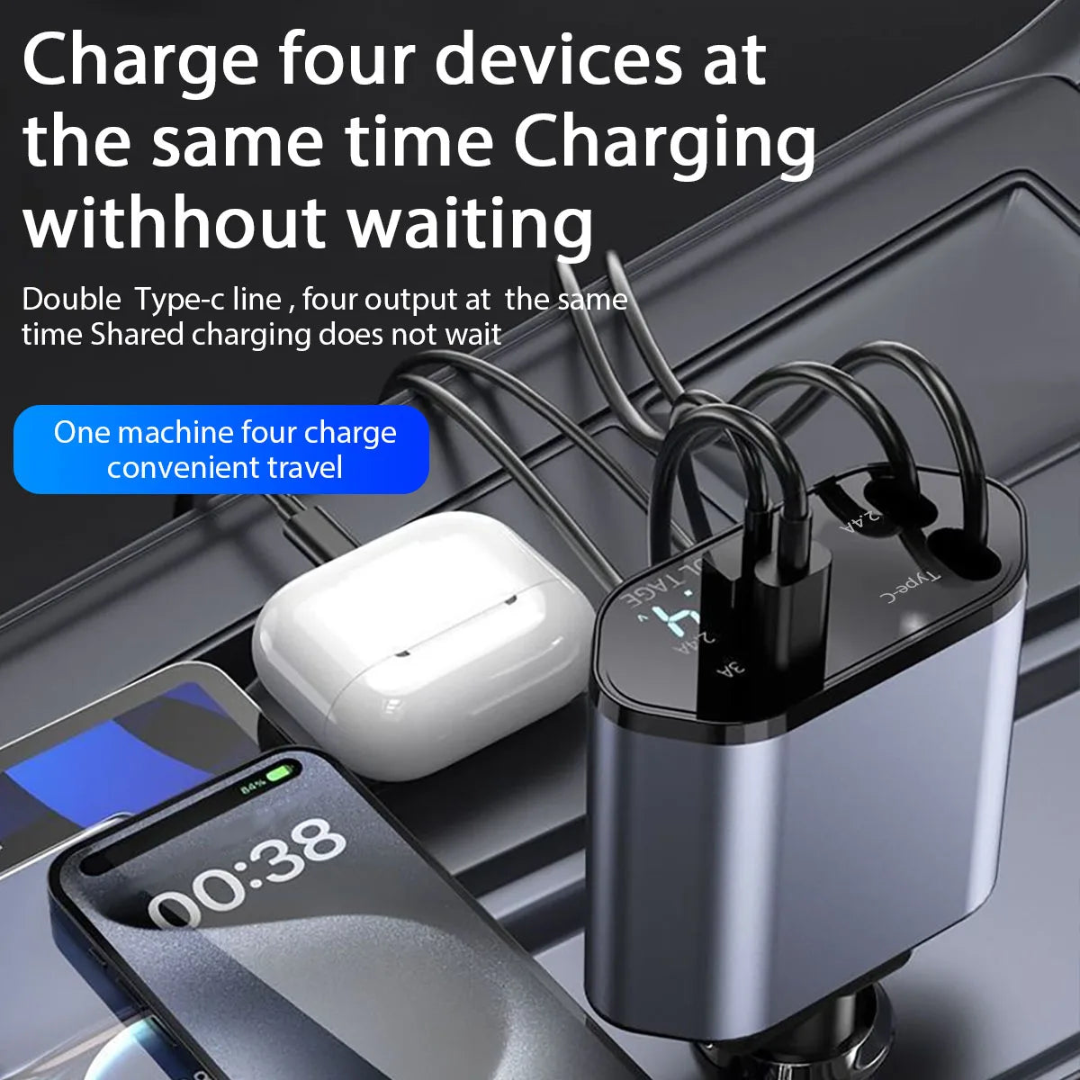 Retractable Car Charger, 4 in 1 Fast Charging Car Charger 120W, Retractable Cable and 2 USB Ports Car Charger Adapter Compatible