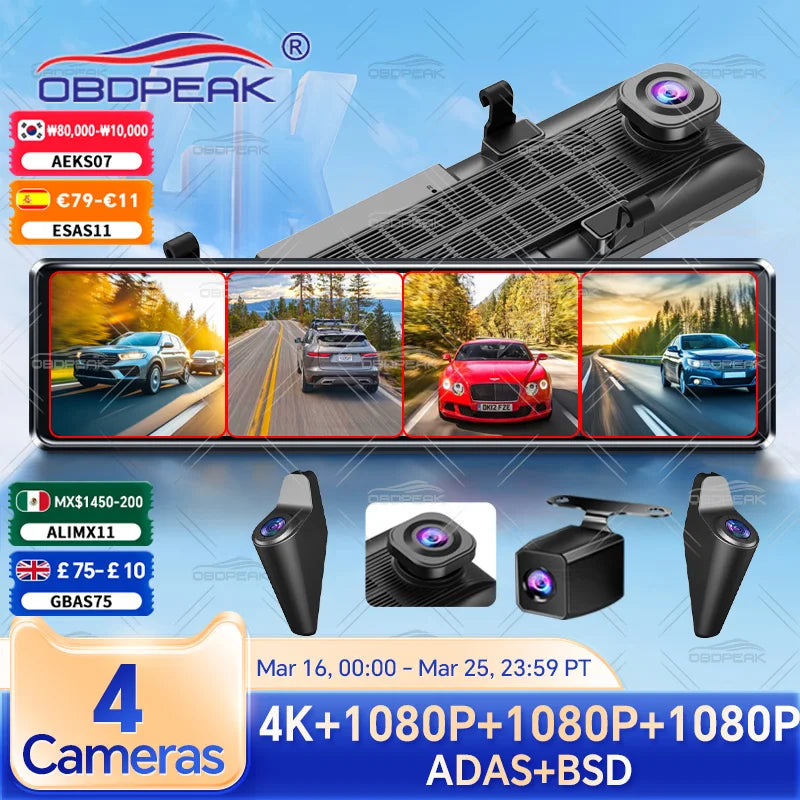 4K Dash Cam 4-Channel Record 1080P ADAS BSD Car DVR WIFI APP Rear View Mirror Auto Video Recorder Camera Ultra HD 24H Parking