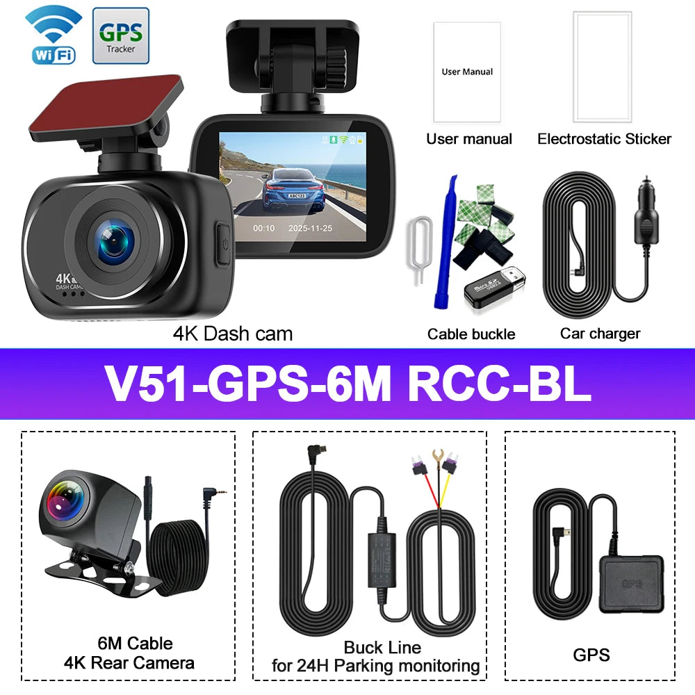 Dash Cam Dual Lens 4K UHD Recording Car Camera DVR Night Vision Video Recorder Support GPS Wi-Fi Black Box 4K Rear View Camera