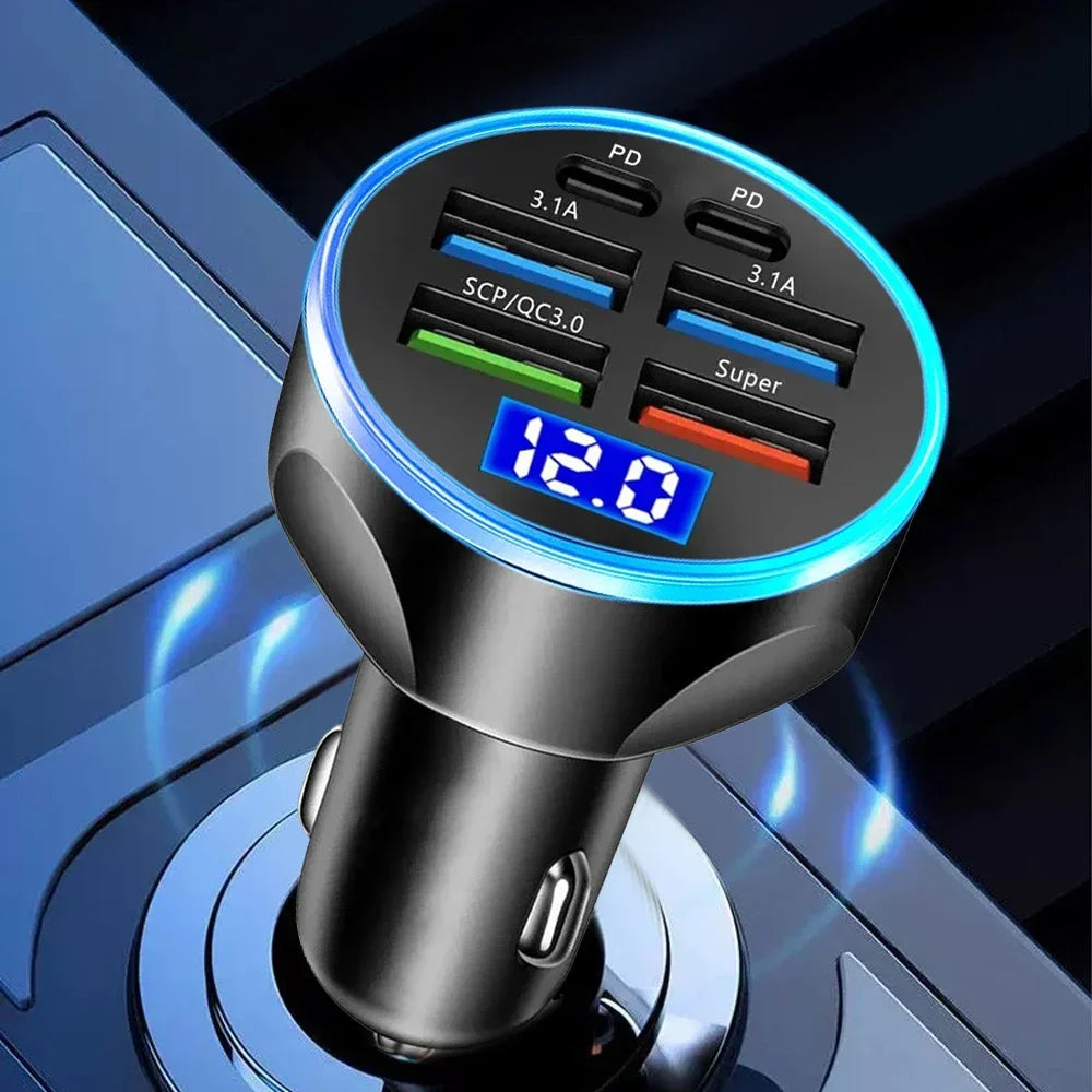 Car Mounted Charger with Led Digital Display 27W 6 in 1 Quick Adapter 4 Usb Port 2 Type-C Pd Car Charging Station Charger