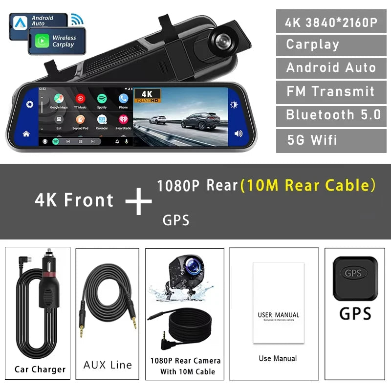 10" Dash Cam 4K 3840*2160P Car Dvr Carplay Android Auto GPS 5G WIFI AUX Stream RearView Mirror Dashcam Camera Drive Recorder FM