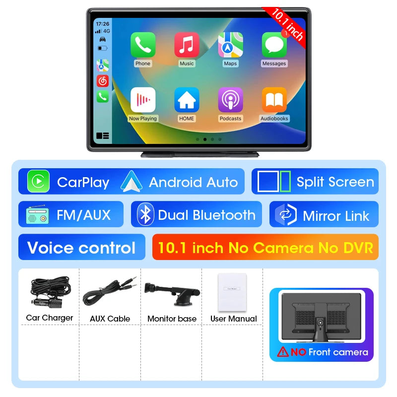 Portable 10.1 inch 4K Dashcam Wireless Carplay Android Auto DVR Car Intelligent Systems Dashboard Car DVR Bluetooth FM AUX