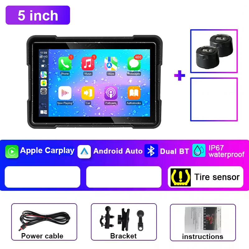 ﻿5 inch Motorcycle DVR Navigation GPS Wireless CarPlay Android Auto Dash Cam Display Screen Portable DVR TPMS Moto Monitor IPX7