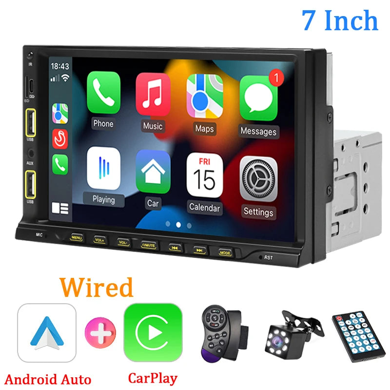 7inch Carplay Android Auto 1 Din Car Radio MP5 Multimedia Player Touch Screen FM Aux Input Bluetooth USB MirrorLink Universal
