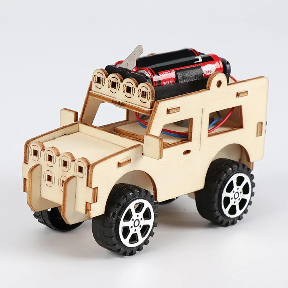 Electric DIY Jeep Model Kit - Wooden Assembly with Working Motor & Detachable Parts, STEM Engineering Toy