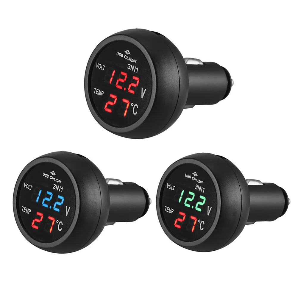 Car Charger 3 in 1 12/24V Charge with Voltmeter Switch Car Auto LED Digital Voltmeter Gauge Thermometer USB Charger
