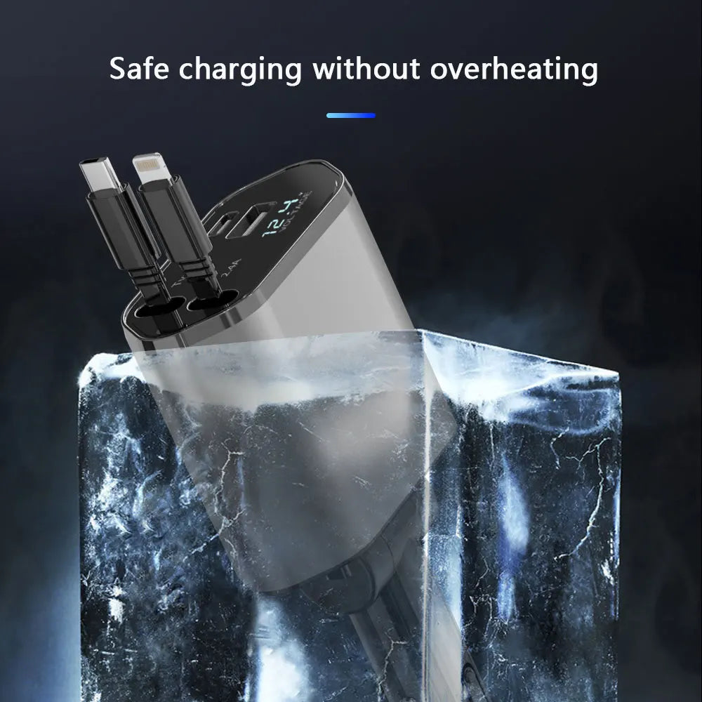 120W 4 Ports Car Charger Fast Charging PD QC3.0 USB Type C Car Phone Charger Retractable Charging Cable Adapter For IPhone