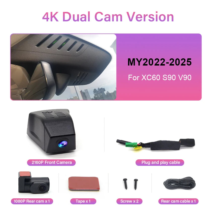 Dash Cam 4K for VOLVO XC60 S90 V90 2018 2019 2020 2021 2022 2023 2024 2025,Plug and Play Car DVR Dashcam Camera Video Recorder