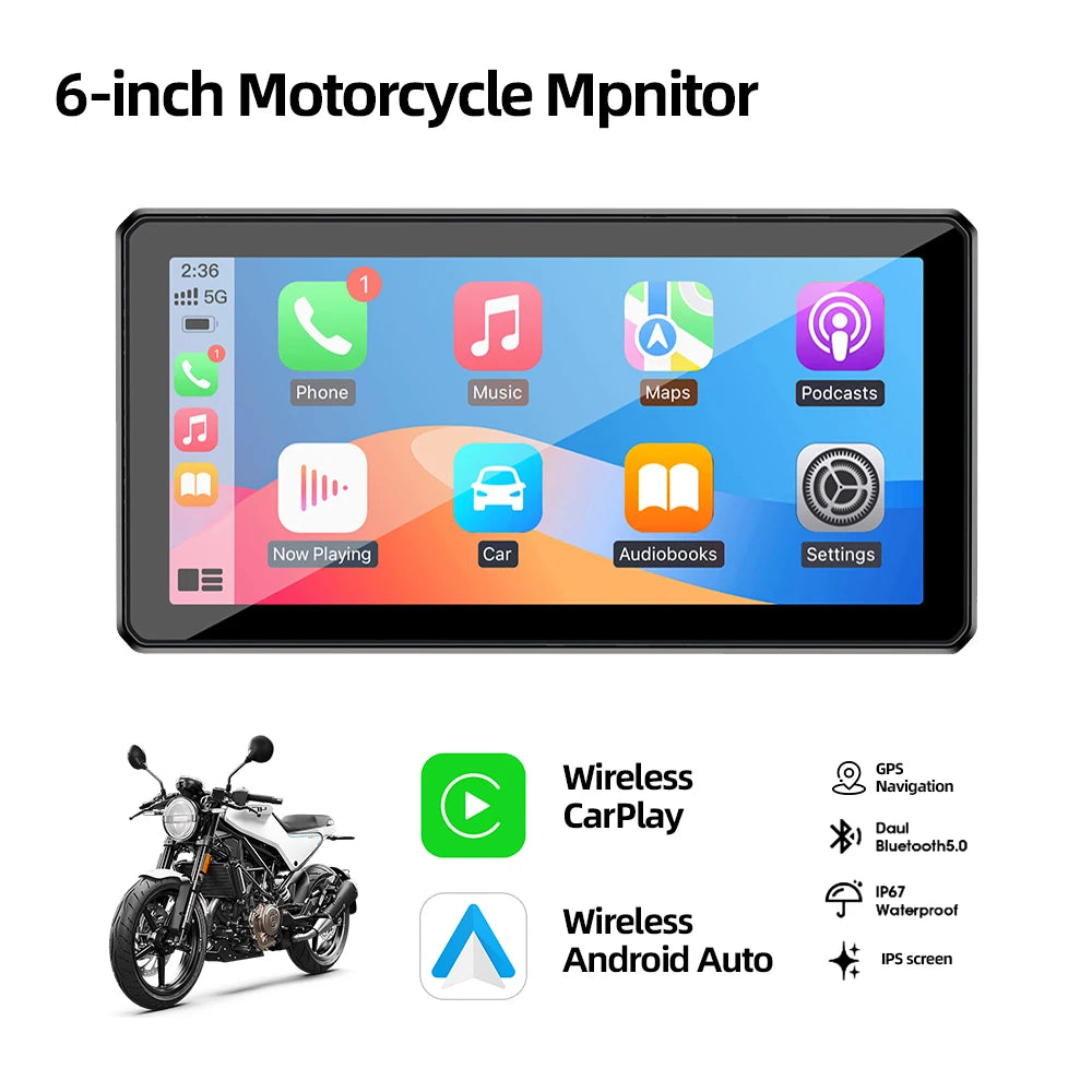 6inch Wireless CarPlay Moto Portable Digital Motorcycle Dashboard IP67 GPS Navigation Display Screen Android Auto Monitor