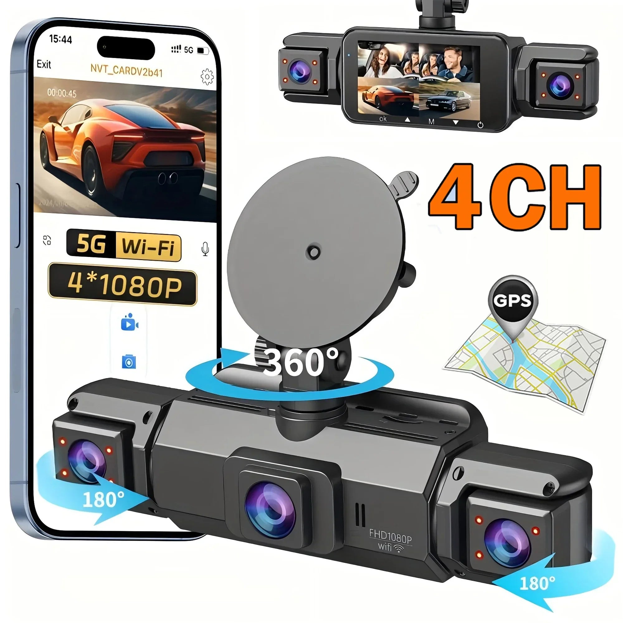Car Dash Cam 4 Channel Driving Camera with WiFi GPS 1080P Front Left Right Rear Night Vision Loop Recording 24H Parking Monitor