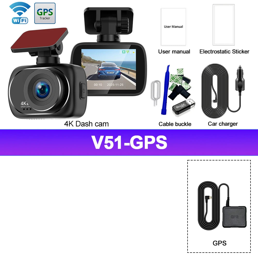 Dash Cam Dual Lens 4K UHD Recording Car Camera DVR Night Vision Video Recorder Support GPS Wi-Fi Black Box 4K Rear View Camera