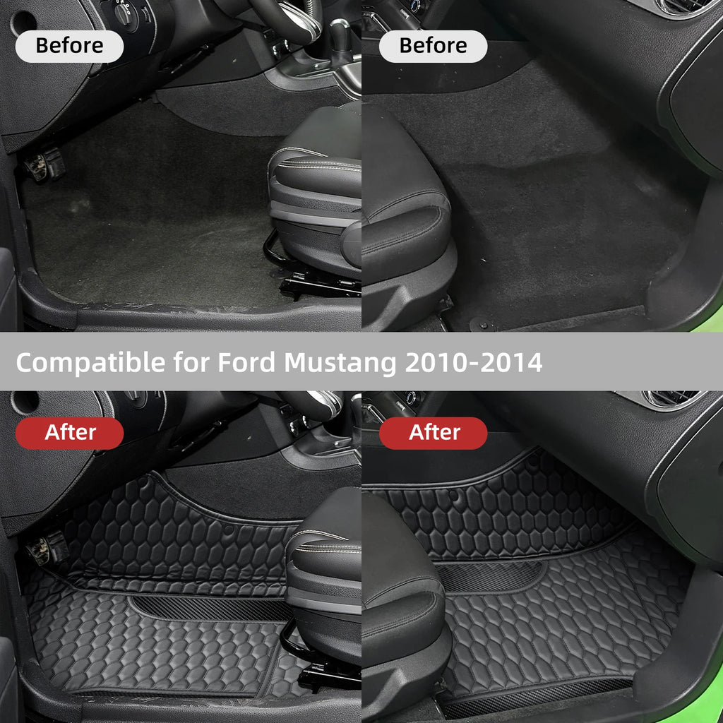 Black Car Floor Mats Full Set Leather with Black Stitching for Ford Mustang 2010-2014 Waterproof Anti-Slip Interior Accessories