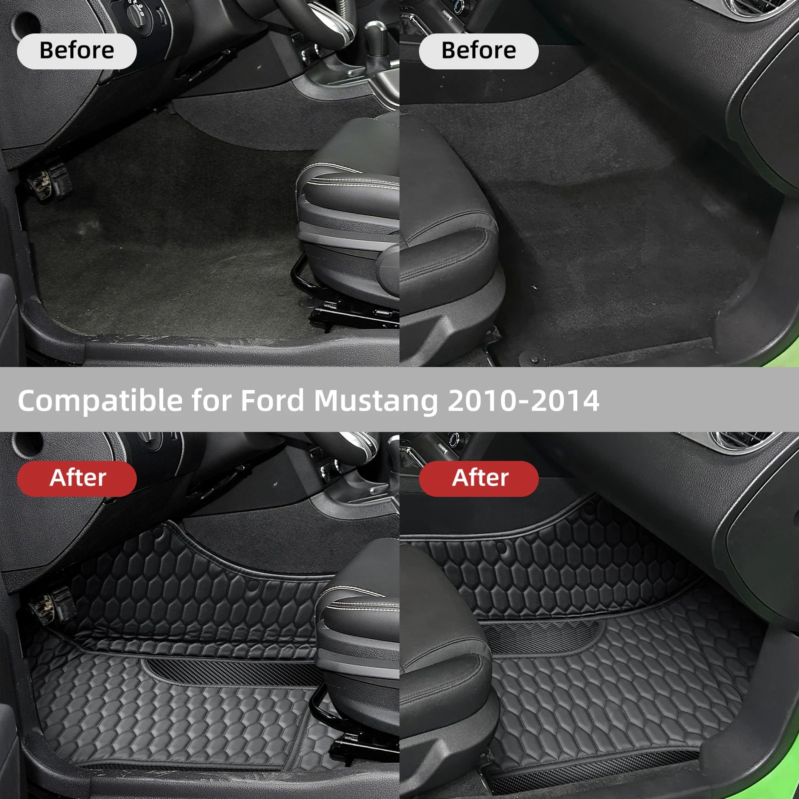 Black Car Floor Mats Full Set Leather with Black Stitching for Ford Mustang 2010-2014 Waterproof Anti-Slip Interior Accessories