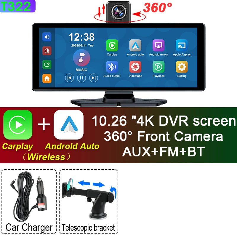 10/11.26 inch 4K Dash Cam Wireless Carplay & Android Auto Car Dvr 360 ° Rotation Dual Lens Video Recorder Dashboard Truck Camera