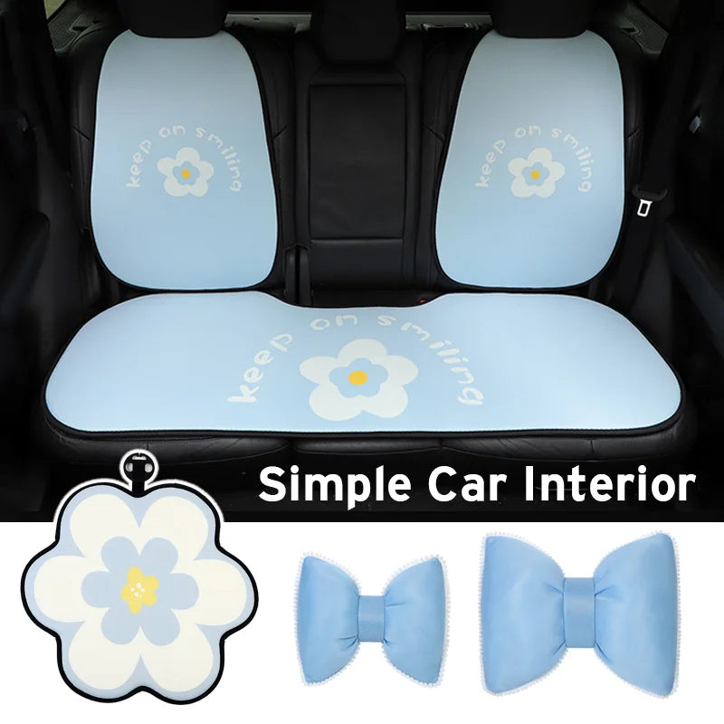 Fashion Blue Flower Car Seat Cover Summer Breathable Cool Seat Mat Cushion Pillow Car Interior Women Four Seasons Universal Pad