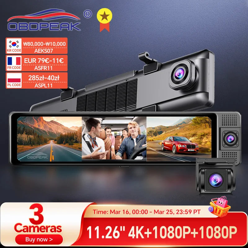 H330 Dash Cam 3 Channel Rearview Mirror Front Inside Rear 4K+1080P+1080P WiFi GPS Dual Lens Car Dvr Camera Infrared Night Vision