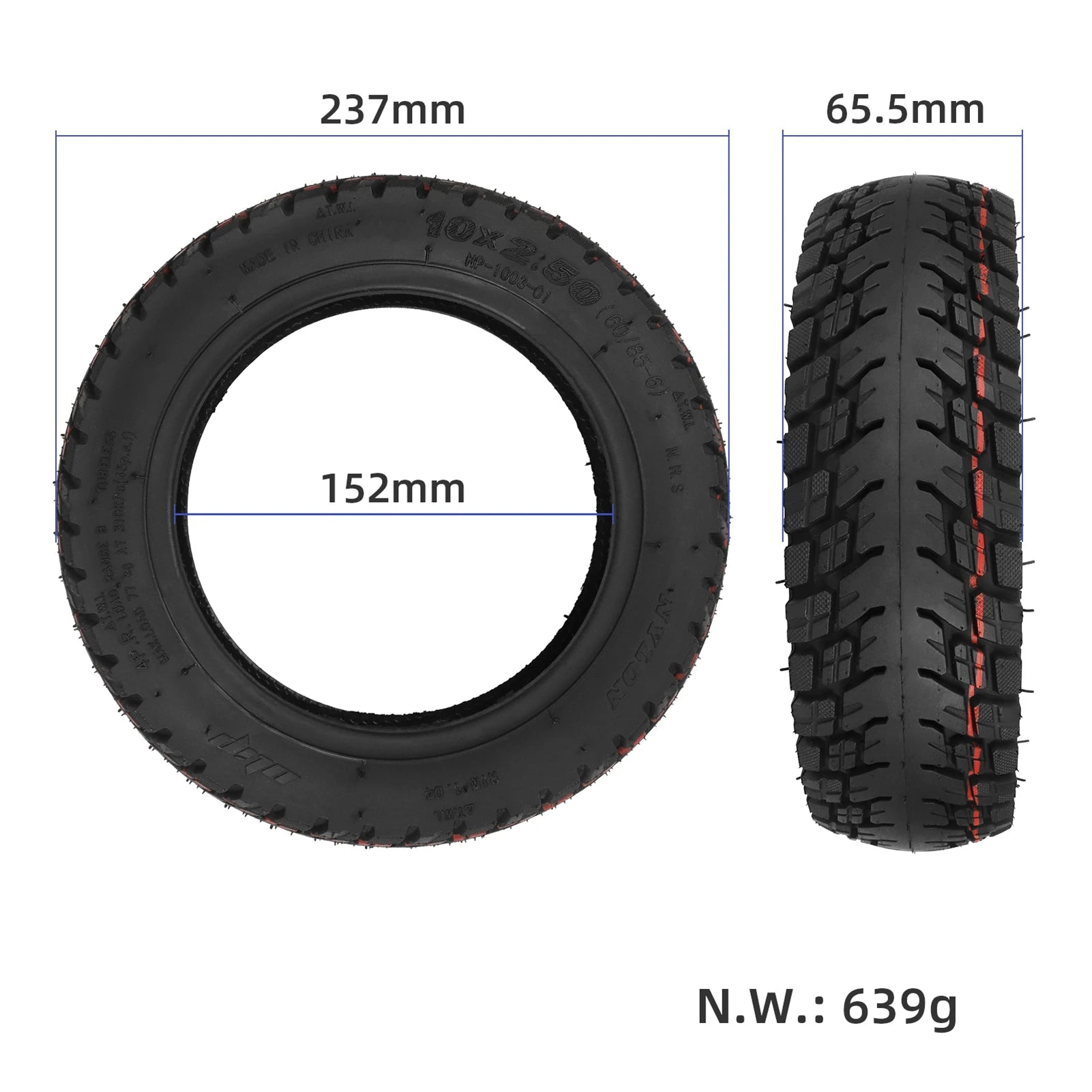 Ulip 10x2.5 Tubeless Tire 60/85-6 Off-Road Vacuum Tire 10 Inch Electric Scooter Tire Explosion-Proof Inflatable Rubber Tyre