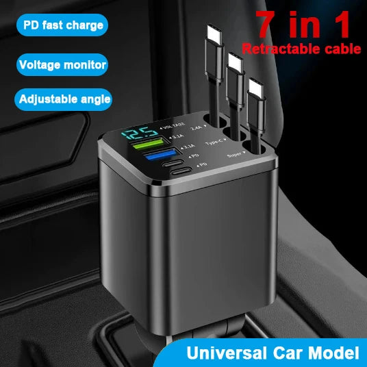 Retractable Car Charger 7 in 1 Fast Charging Car Charger Retractable Cable USB Type C Multi Ports Car Charger Adapter Compatible