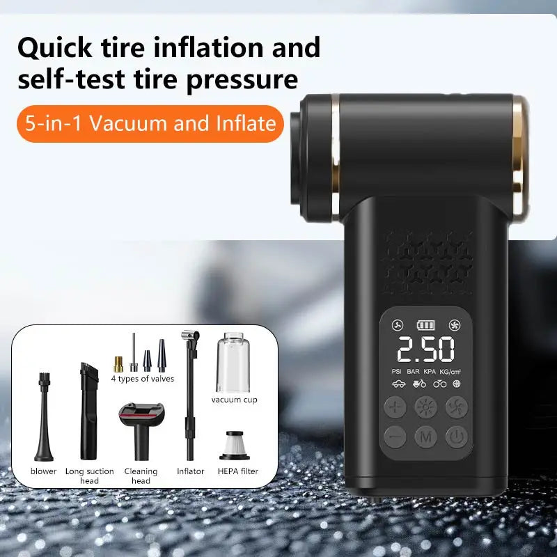 5-in-1 Wireless Vacuum Cleaner Multi-purpose for Vehicle Outdoor Emergency Portable Smart Tire Inflator with Digital Display