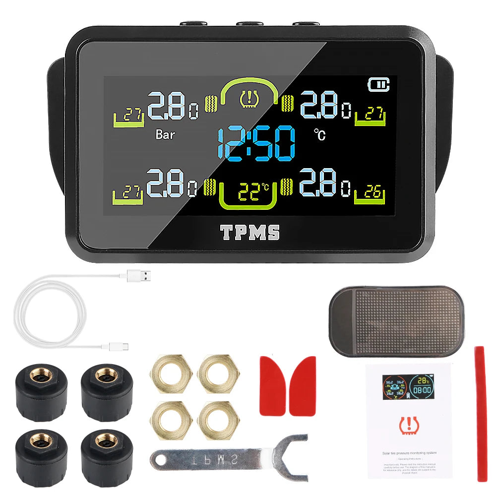 Temperature Warning Fuel Save Tire Pressure Monitoring System Car Tyre Pressure Monitor With 4 External Sensors Solar TPMS T14-1