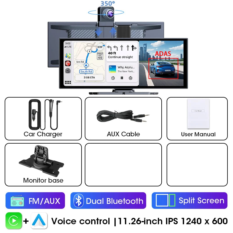 11.26 inch ADAS Car DVR 4K Camera Rotatable Front Camera Bluetooth Wireless Carplay Android Auto Dashcam Video Recorder FM AUX