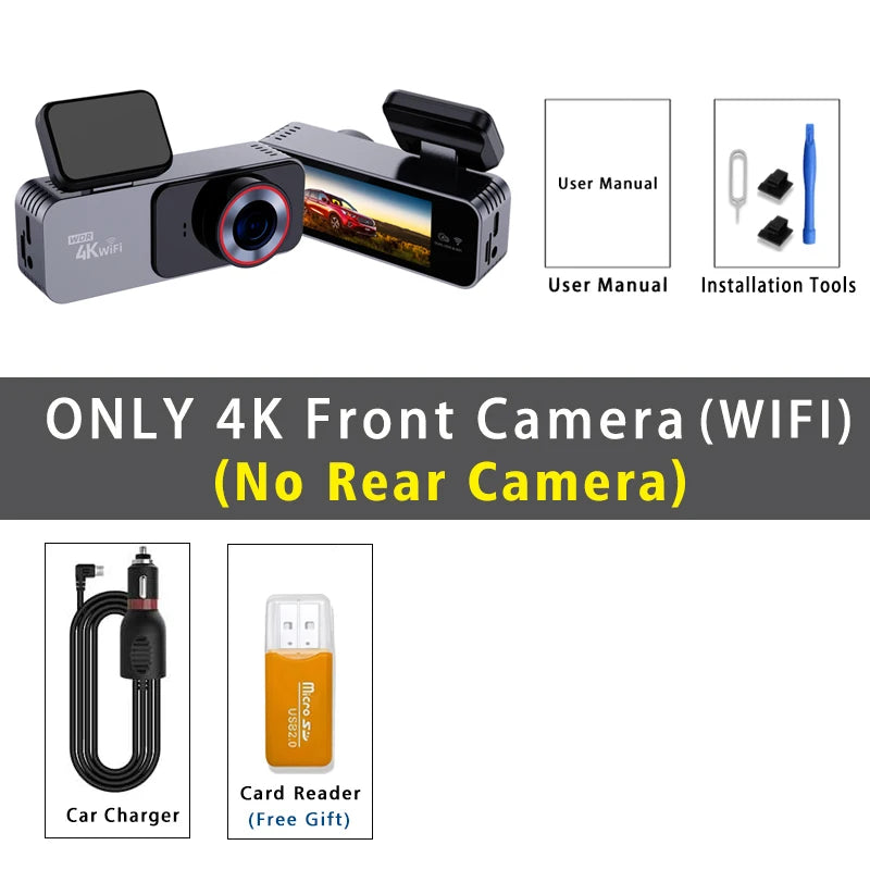 Dash Cam 4K 3840*2160P Car DVR WIFI GPS Mini Dual Lens Camera Front and Rear Dashcam Black Box Video Drive Recorder Night Vision