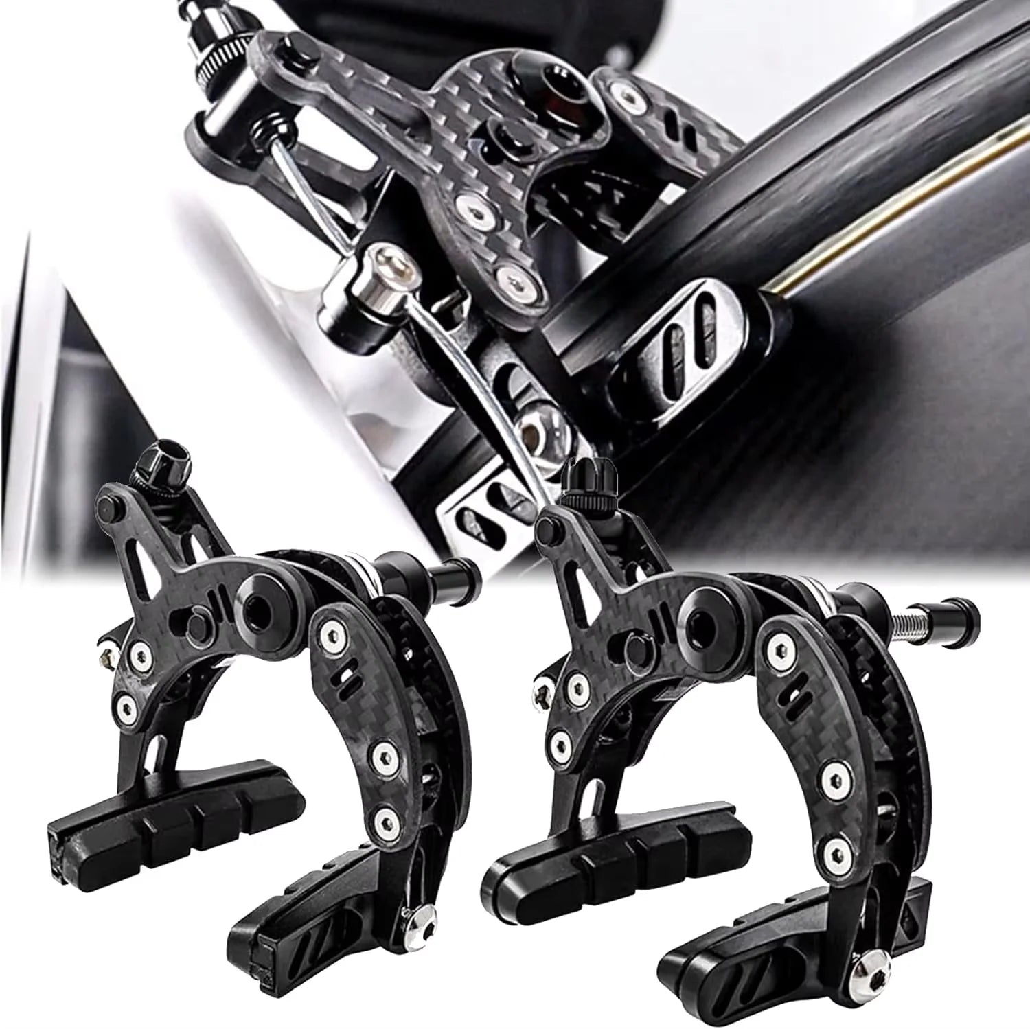 Bike Brake, Bicycle c-Type Brakes Calipers, Carbon Fiber Frame Front Rear Lightweight Side Pull Rim Brake for Road Bike