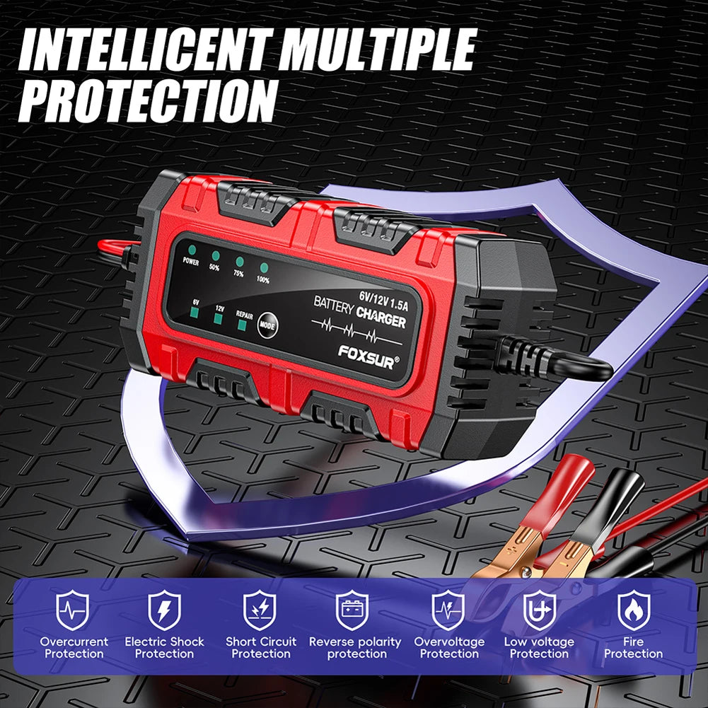 6V/12V 1.5A Car Battery Charger Smart Charger Car and Motorcycle Battery Charging Unit for Lead-Acid AGM GEL Batteries