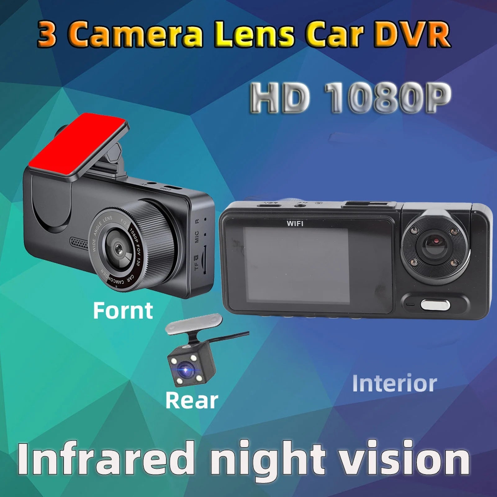 2 Inch Front Rear Inside Dash Cam Wireless 1080P HD 170° Wide Angle Three Channel Car Dashboard Camera with Night Vision